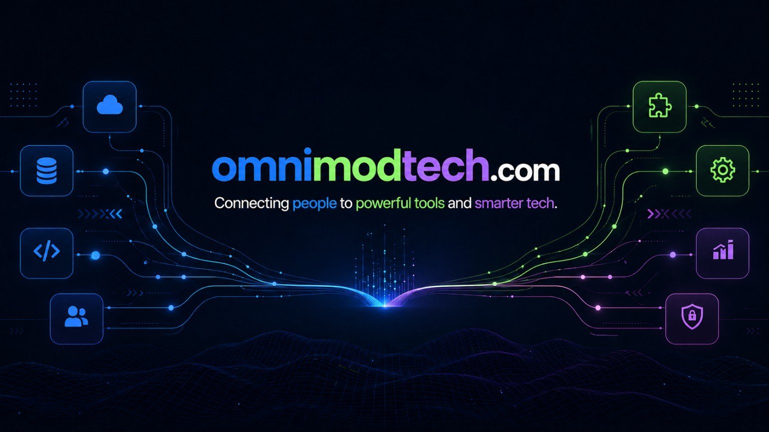 OmniModTech — Connecting people to powerful tools and smarter tech. Blue, lime, and purple circuit paths connect technology icons.