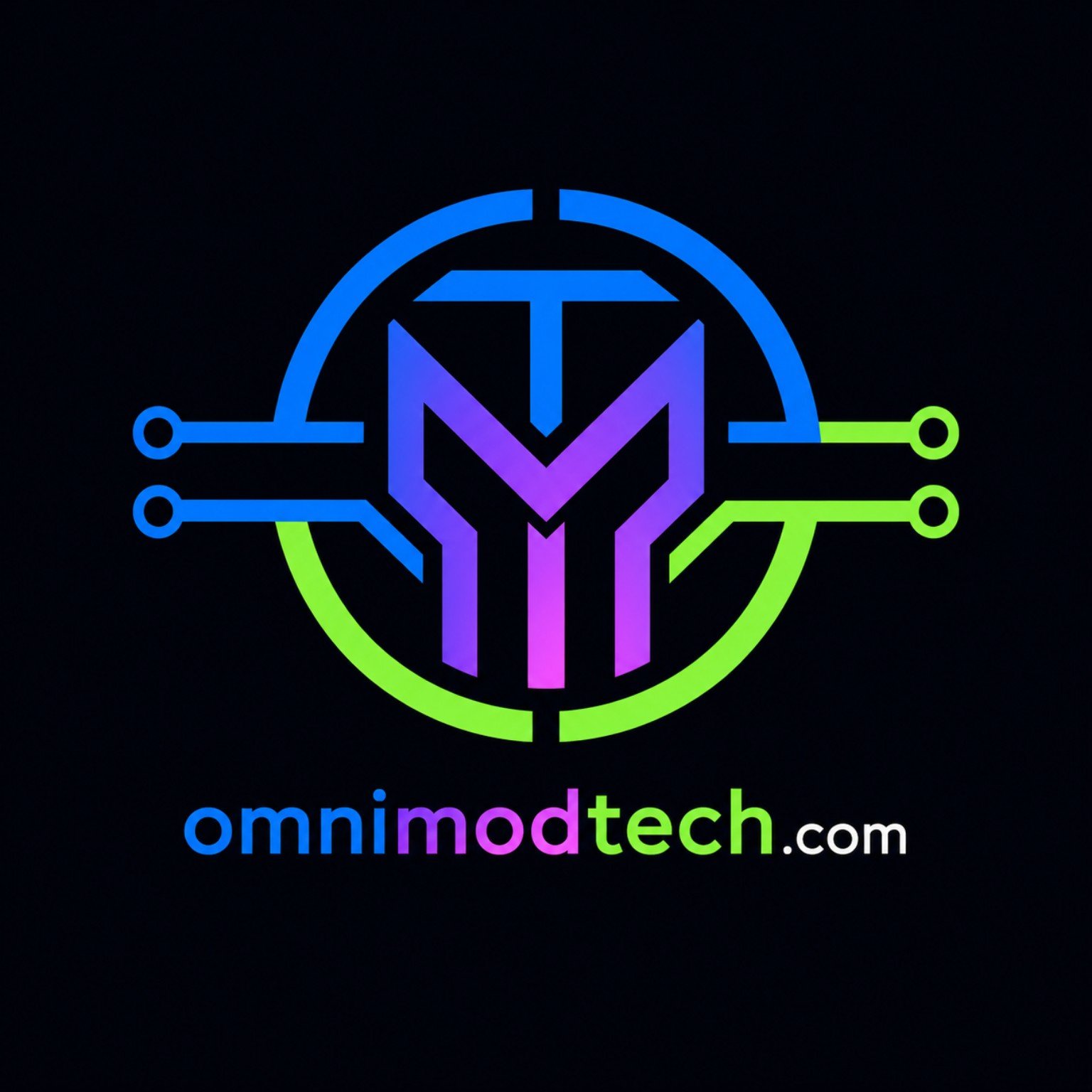 OmniModTech circuit monogram in electric blue, lime, and purple